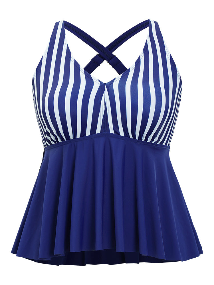 Striped Contrast Crossover Ruffle Hem Tankini Top