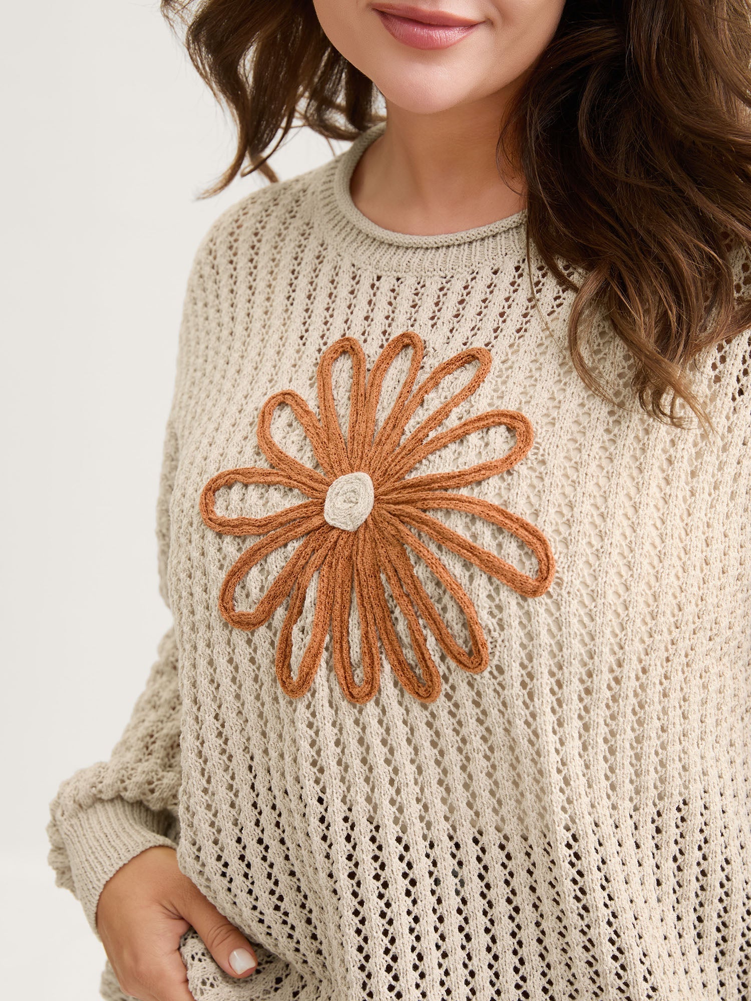 Floral Motif Cut-Out Textured Pullover
