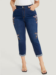 Straight Leg Very Stretchy Dark Wash Floral Embroidered Jeans