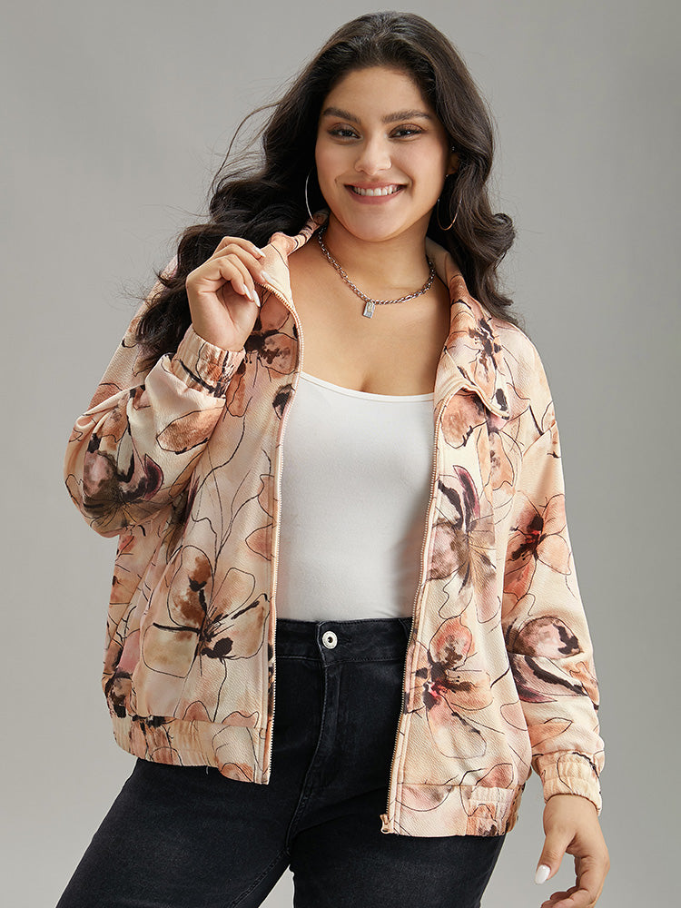 Floral Zipper Gathered Elastic Cuffs Jacket