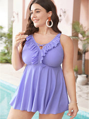 Ruffle Trim Crisscross V Neck Tankini Top