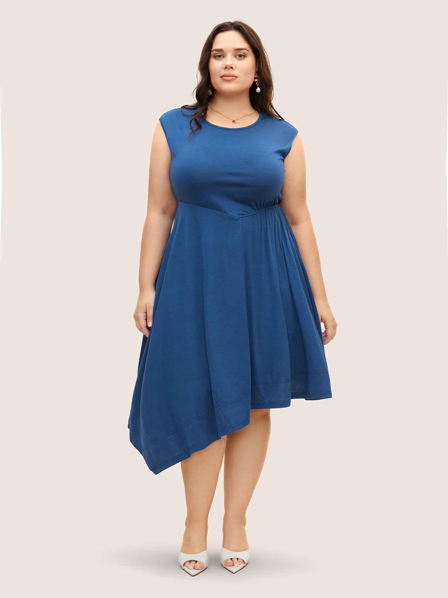 Solid Crew Neck Asymmetrical Hem Dress