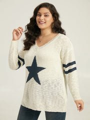 Star & Striped Print Drop Shoulder Pullover
