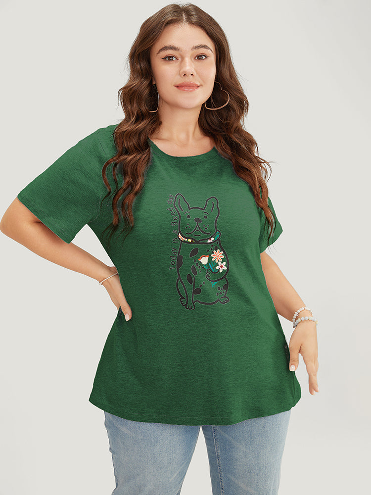 Cartoon Dog & Floral Print Short Sleeve T-shirt