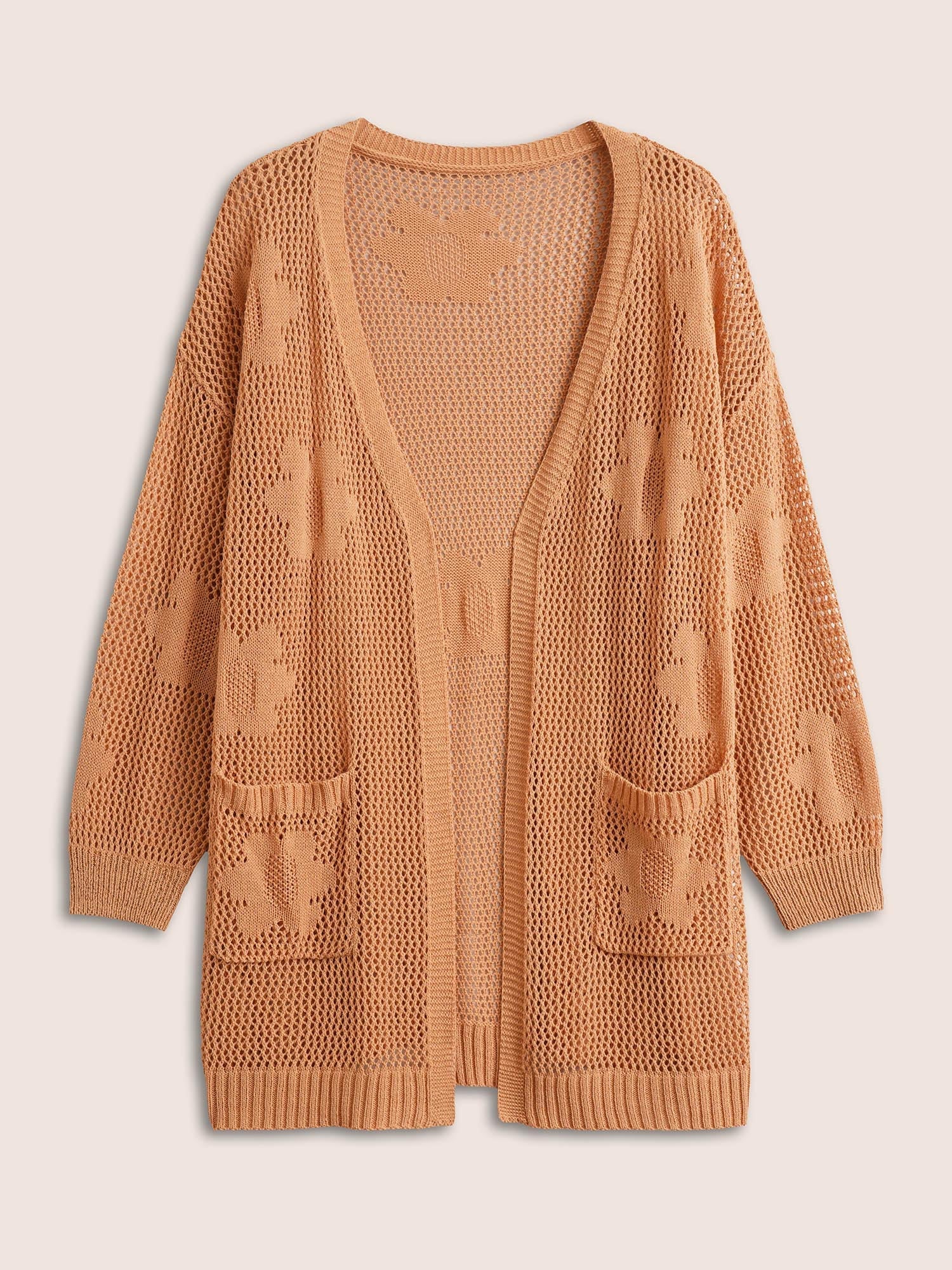 Solid Floral Pocket Pointelle Knit Cardigan