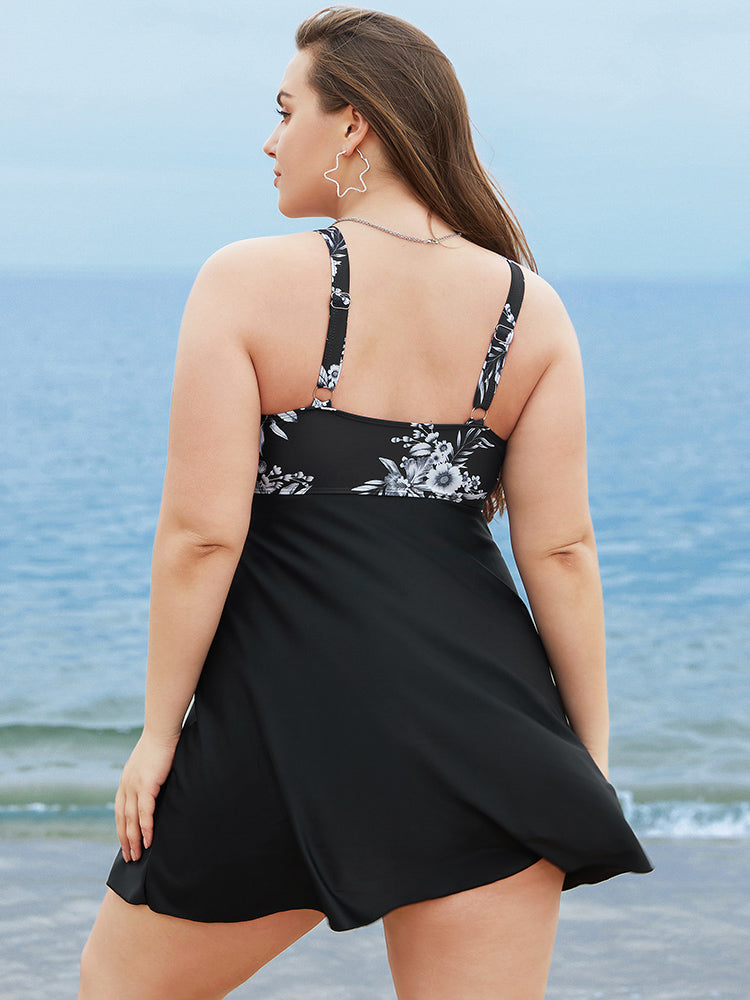 Floral Patchwork Knotted Front Split Swim Dress