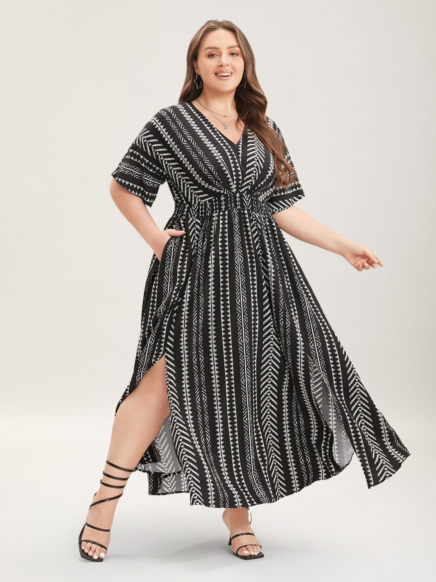 Solid Geometric Dolman Sleeve Pocket Shirred Split Hem Dress