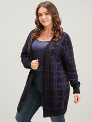 Plaid Contrast Soft Sexy Yarn Knit Fluffy Open Front Cardigan