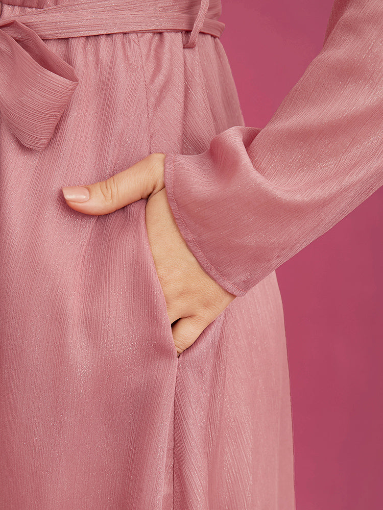 Solid Pocket Belted Surplice Neck Midi Dress