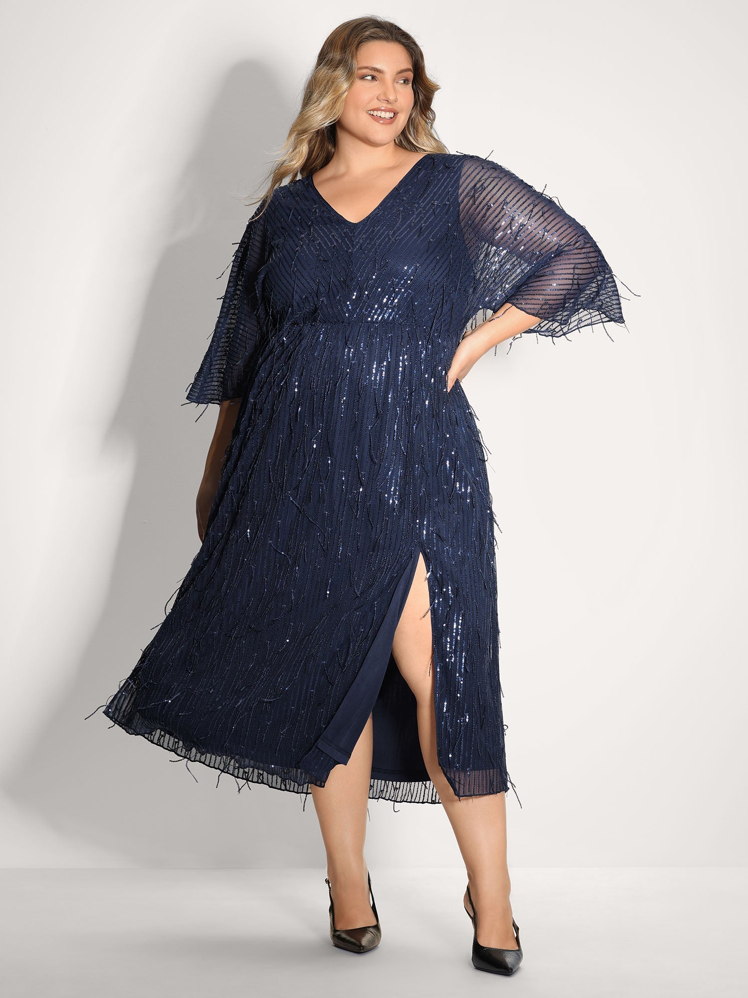 Sequin Lace High Slit Backless Maxi Dress