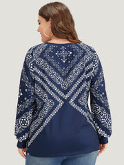 Scarf Print Round Neck Elastic Cuffs Sweatshirt