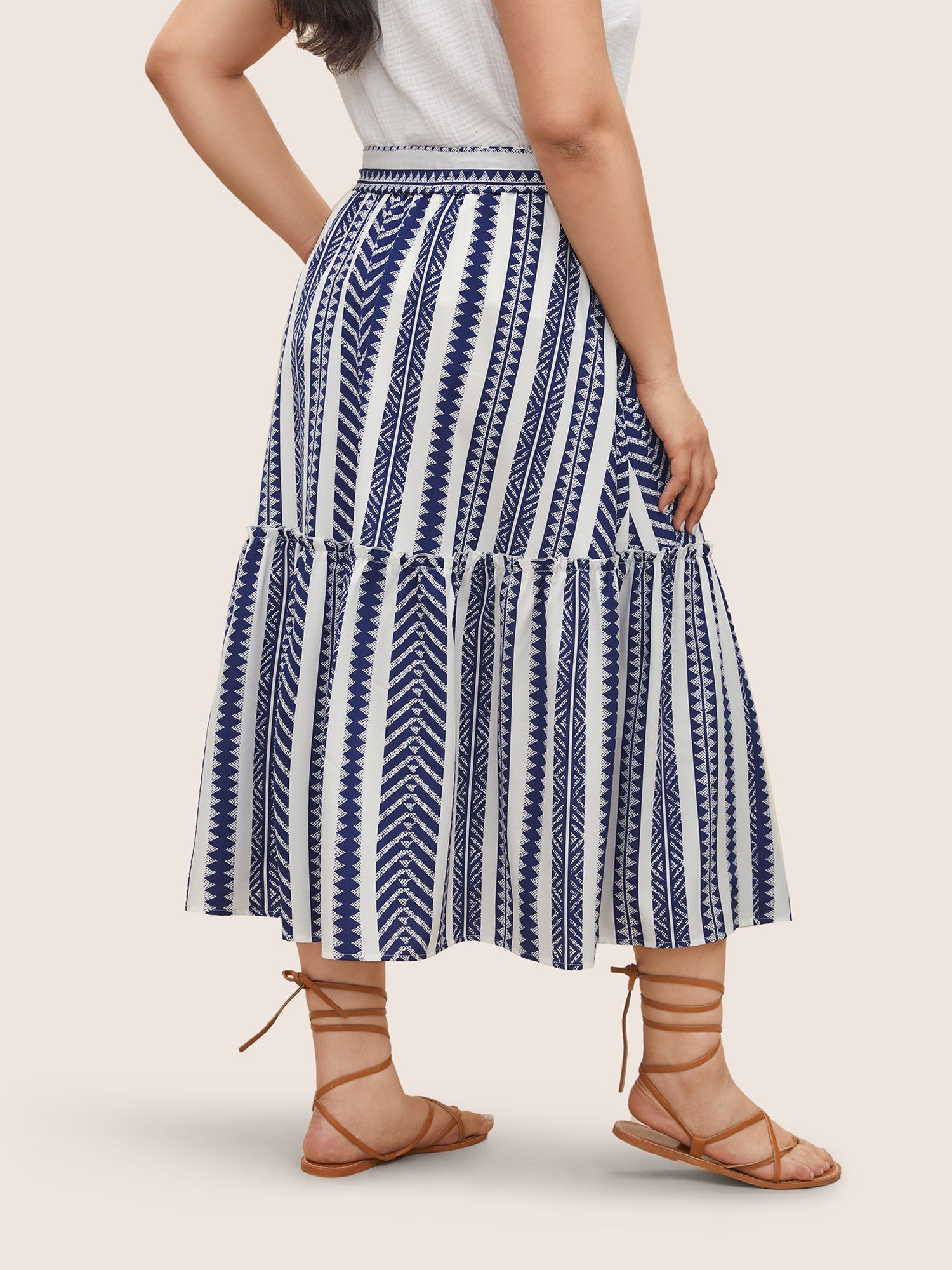 Bandana Geometric Belted Patchwork Ruffle Hem Skirt