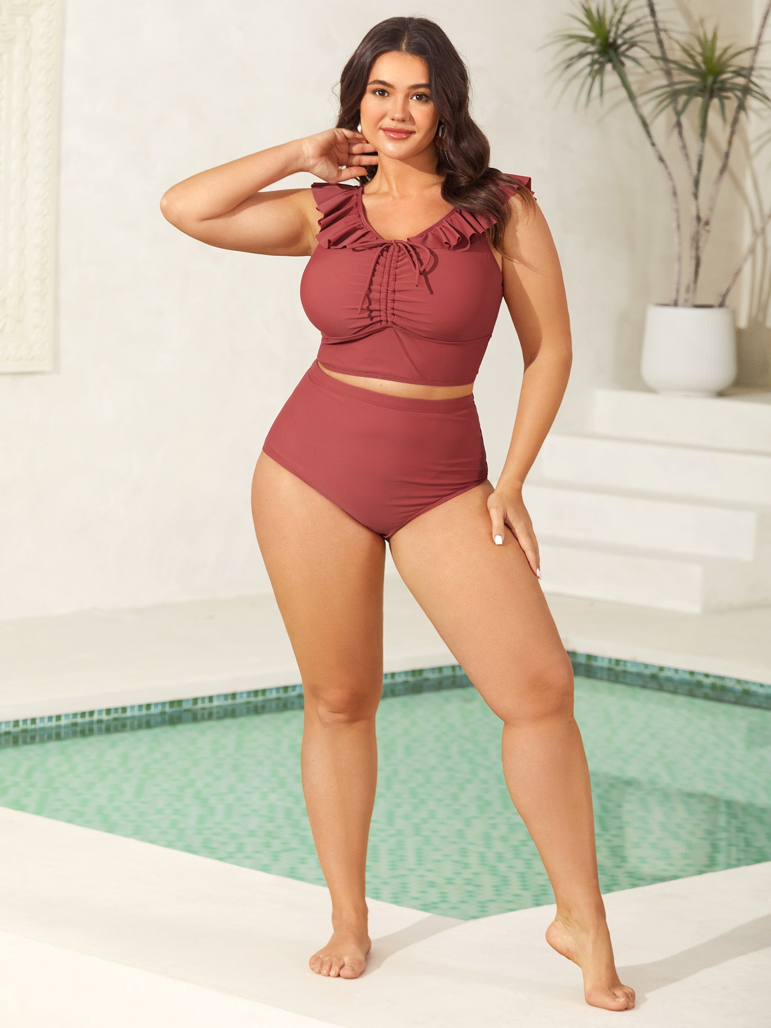 Ruffled Drawstring Bodice Swim Top