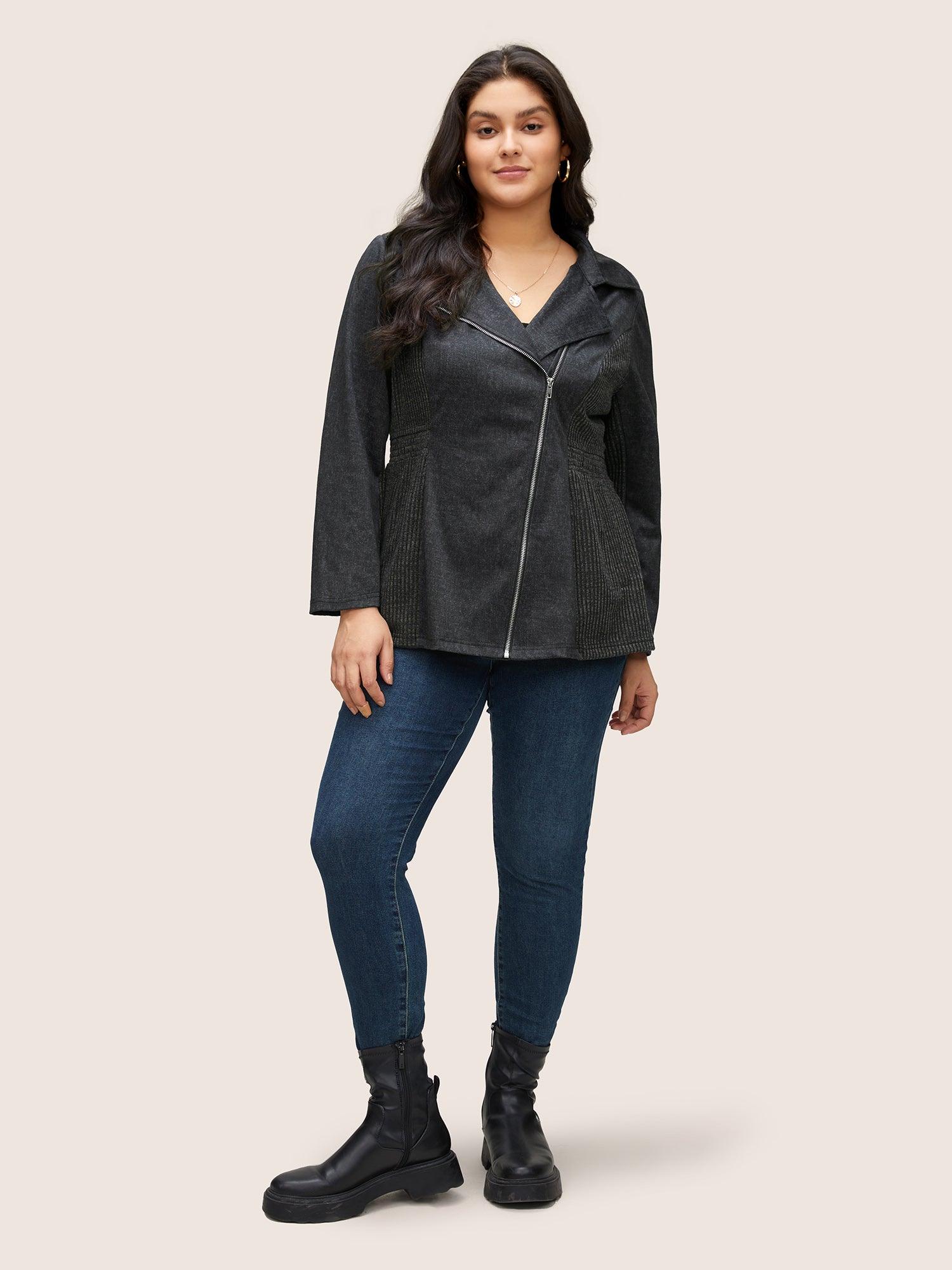 Texture Patchwork Rib Knit Zipper Jacket