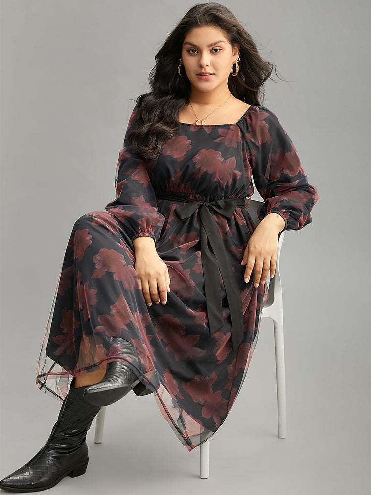 Floral Mesh Belted Gathered Lantern Sleeve Dress