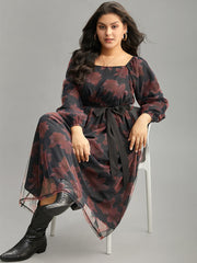 Floral Mesh Belted Gathered Lantern Sleeve Dress