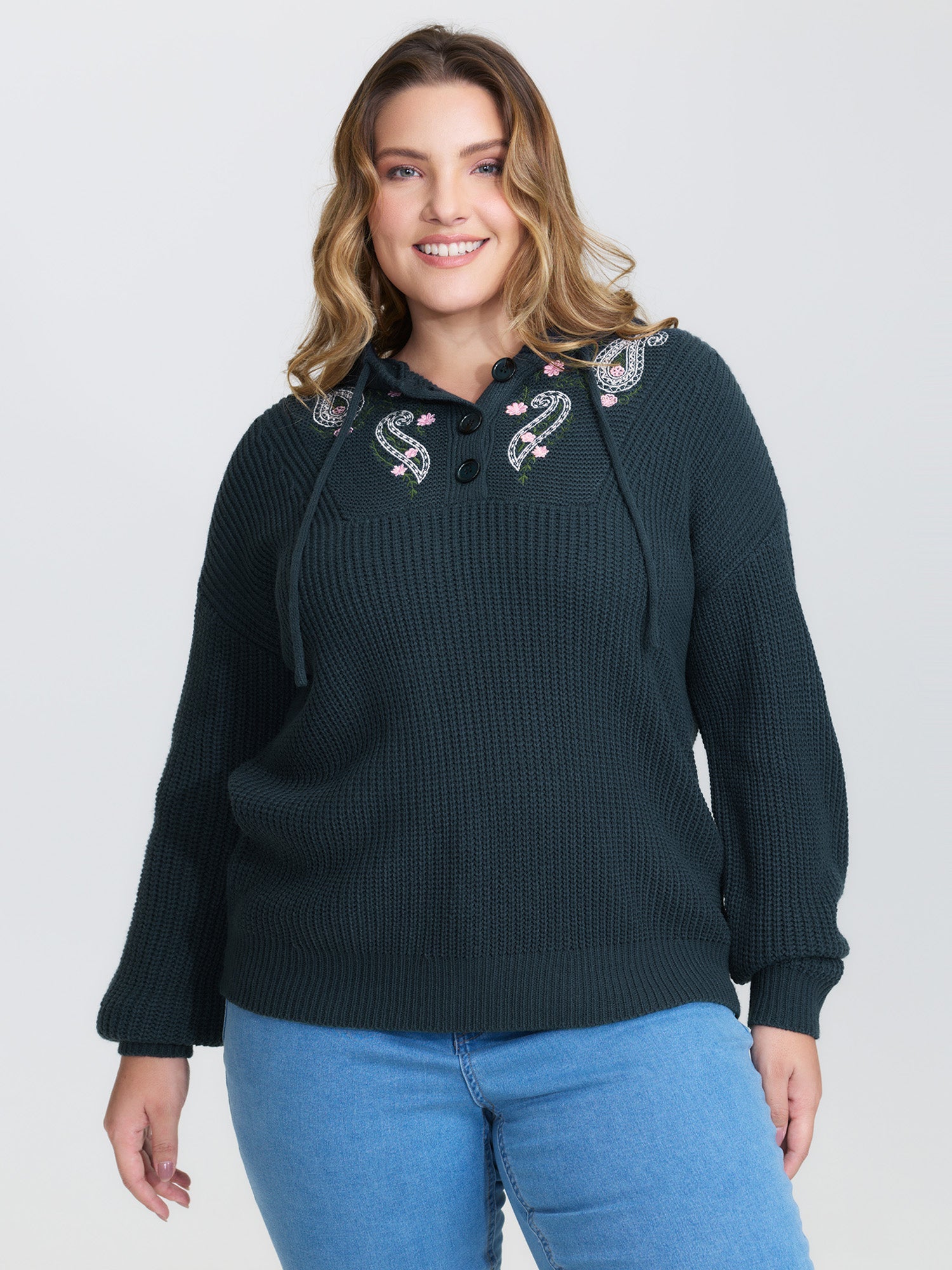 Floral Embroidery Hooded Textured Pullover