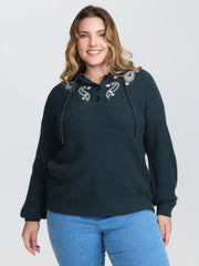 Floral Embroidery Hooded Textured Pullover