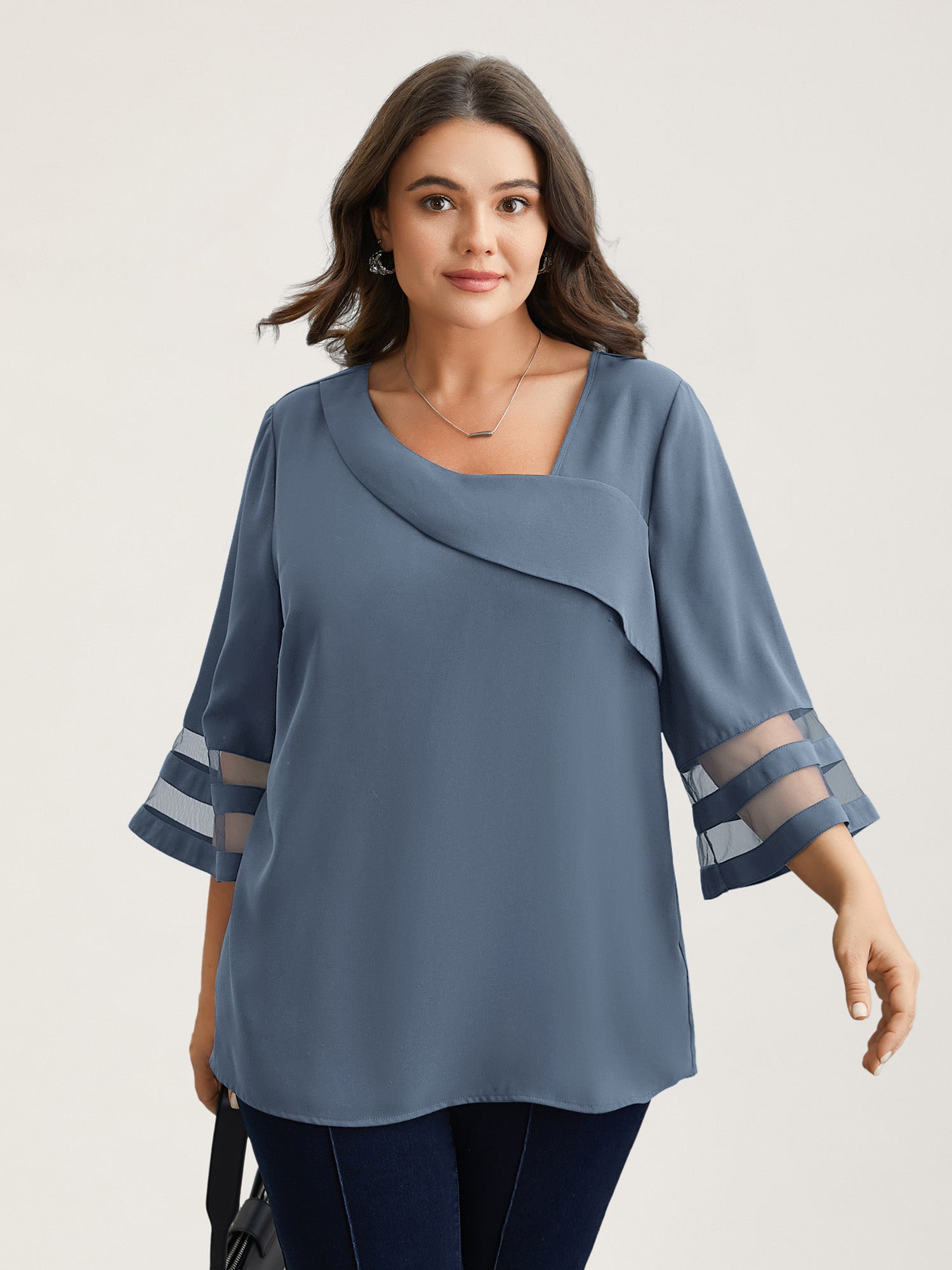 Sheer Sleeve Patchwork Asymmetrical Neckline Blouse