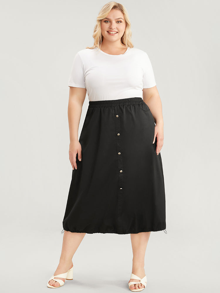 Solid Pocket Button Detail Drawstring Hem Skirt