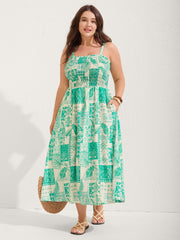 Shirred Bodice Holiday Print Midi Dress