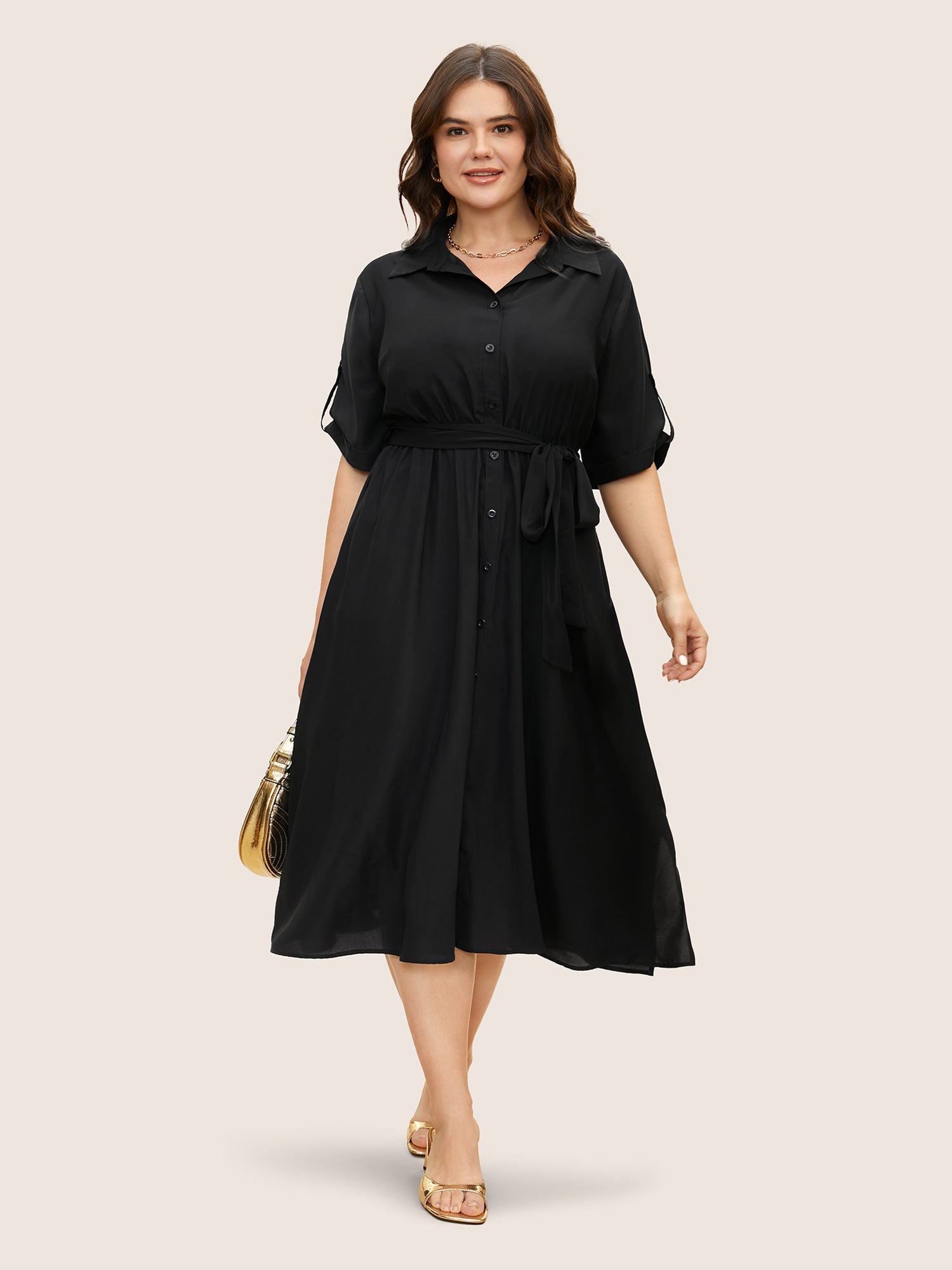 Shirt Collar Tab Sleeve Split Hem Dress