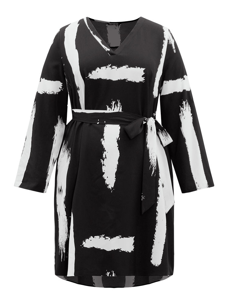 Brush Print V Neck Belted Tab Sleeve Dress