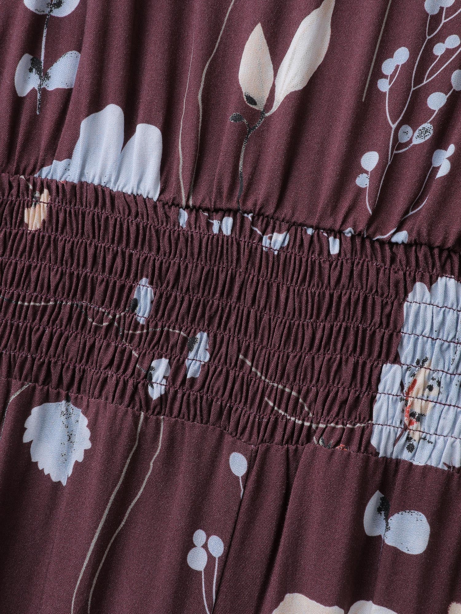 Floral Branch Print Shirred Waist Jumpsuit