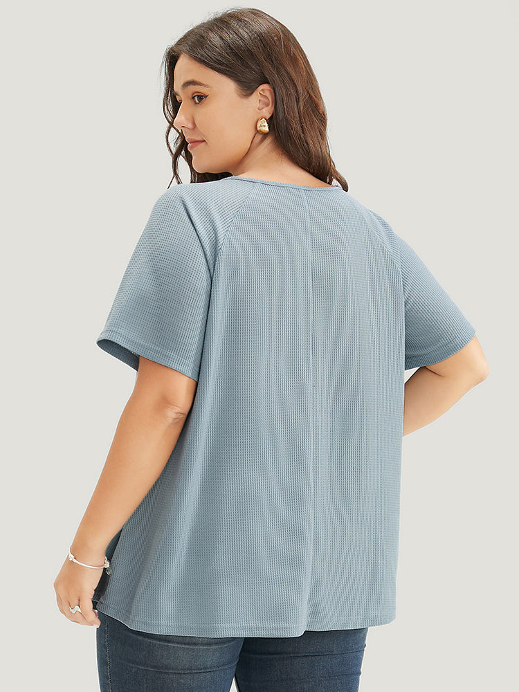 Solid Raglan Sleeve Contrast Lace Waffle Knit T-shirt