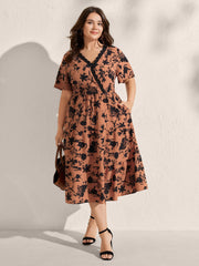 Silhouette Flower Print Contrast Surplice Midi Dress