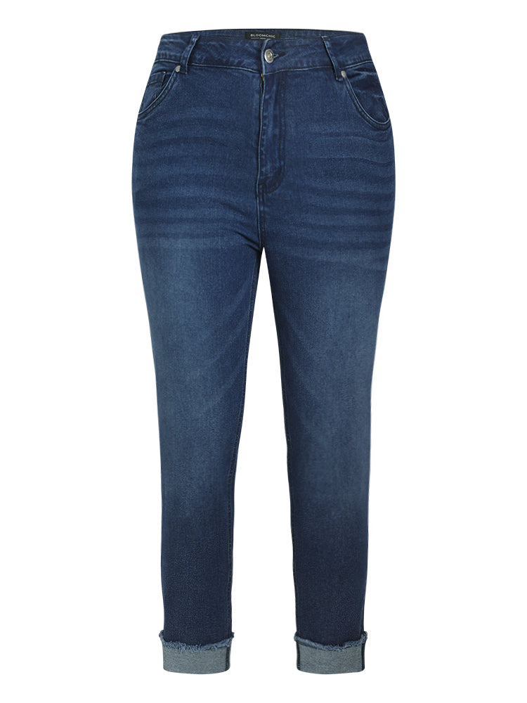 Solid Frayed Roll Hem High Rise Jeans