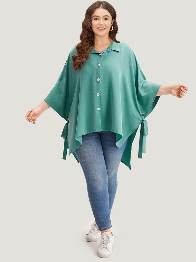Plain Shirt Collar Asymmetrical Hem Bowknot Kimono