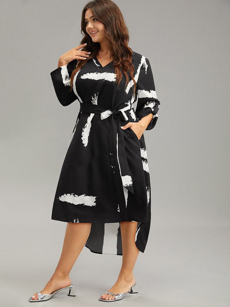 Brush Print V Neck Belted Tab Sleeve Dress