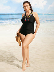 Floral Embroidered Ruched Crisscross One Piece Swimsuit