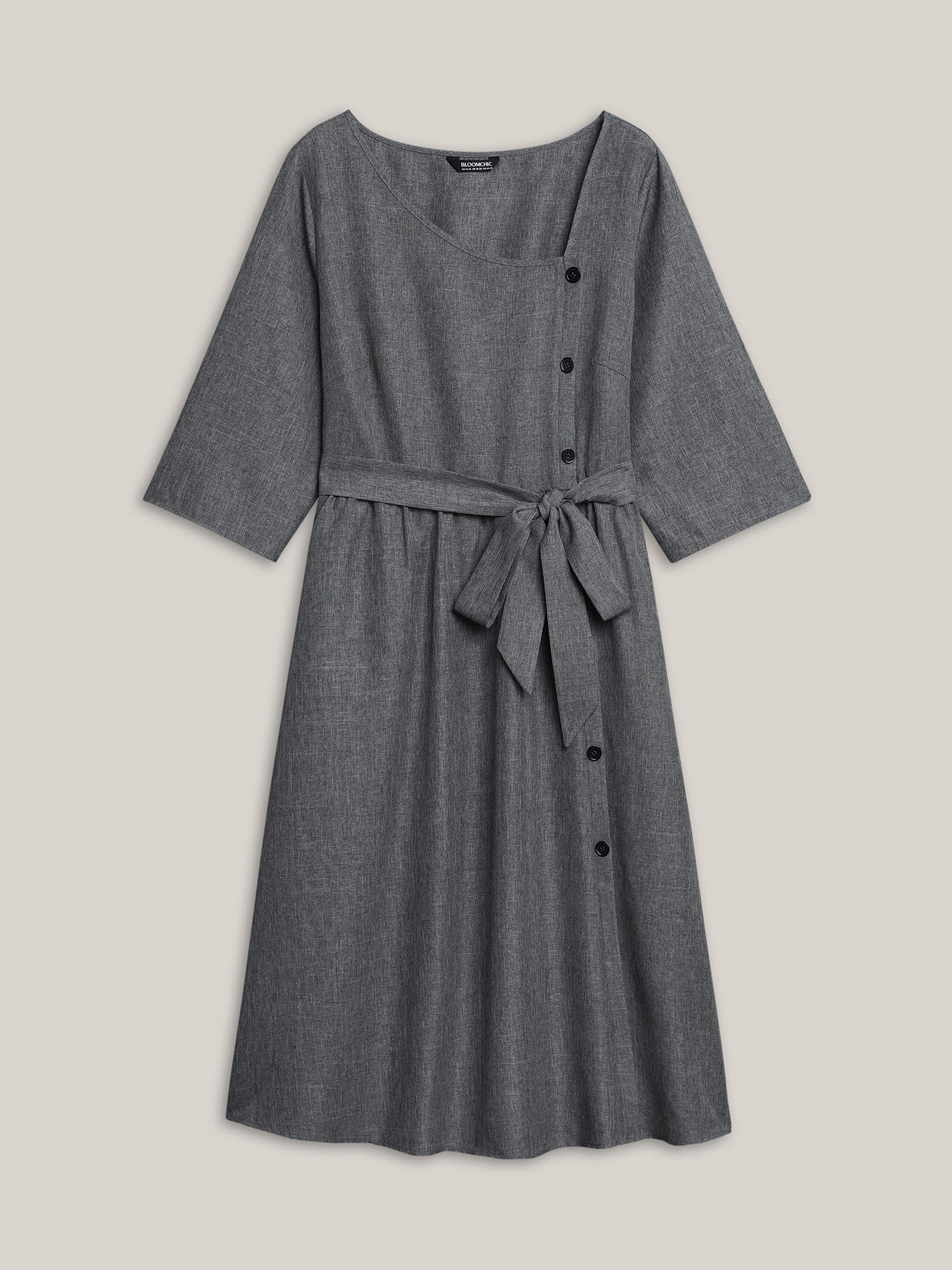 Asymmetrical Neckline Belted Pockets Midi Dress