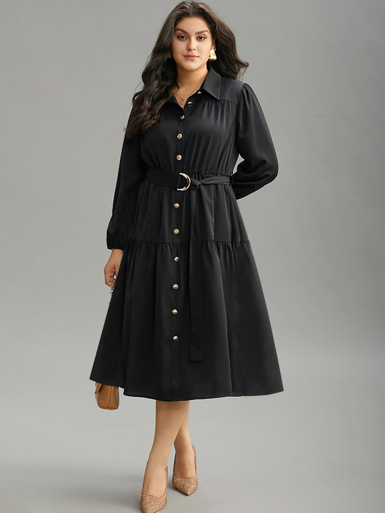 Anti-Wrinkle Shirt Collar Belted Metal Detail Dress