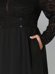 Sheer Lace V-Neck Shirred Waist Midi Dress