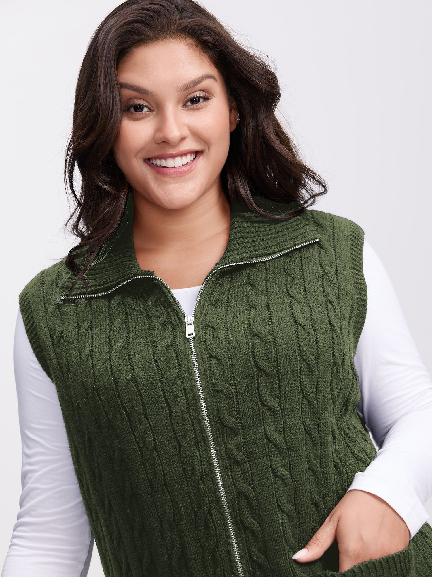 Cable Zipper Sleeveless Knit Cardigan