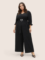 Solid Texture Heart Buckle Detail Belted Jumpsuit