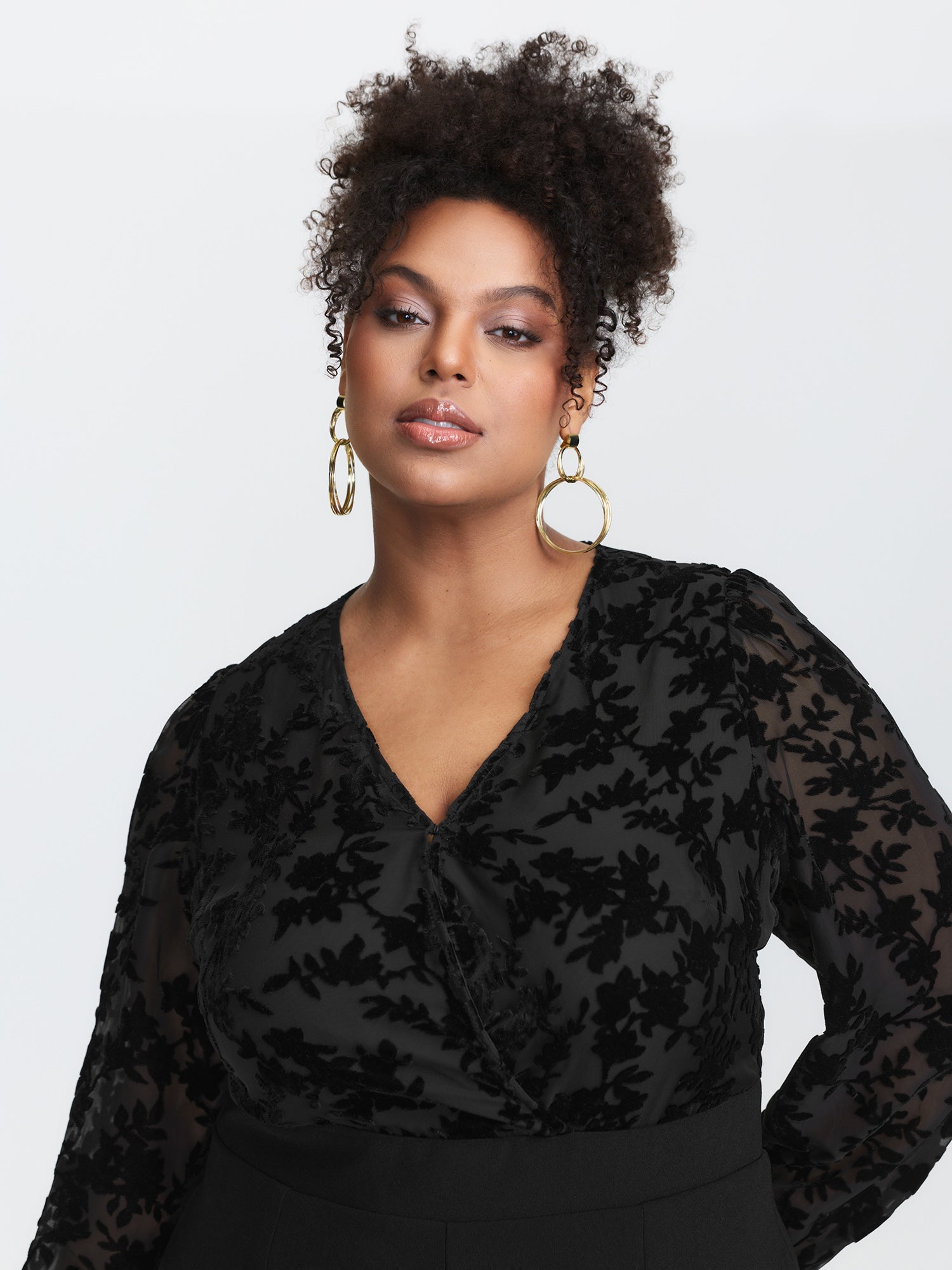 Floral Mesh Sleeve Surplice Flared Jumpsuit