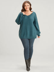 Solid Pointelle Knit V Neck Lantern Sleeve Cable Knit Top