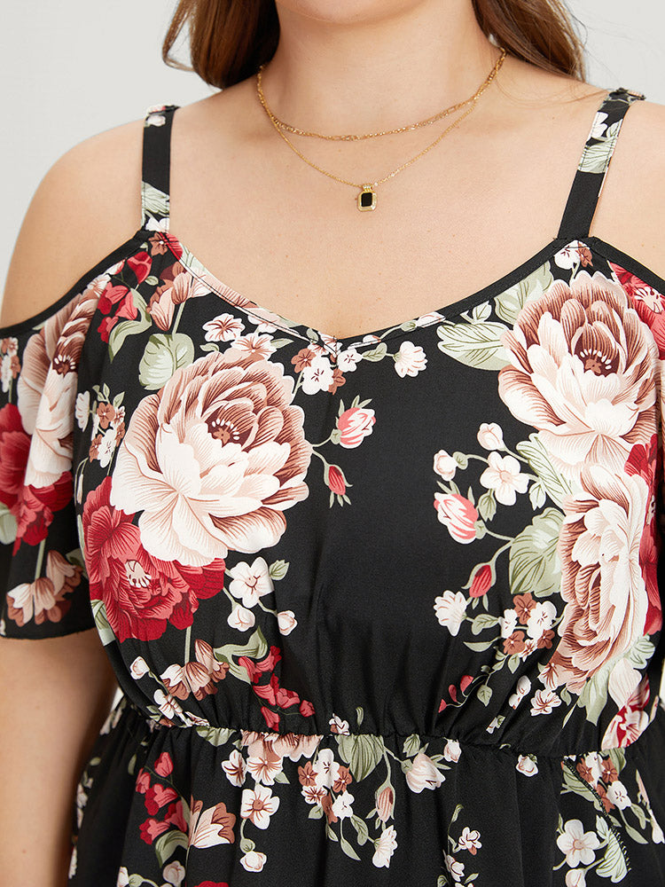 Floral Print Pocket Asymmetrical Hem Cold Shoulder Dress