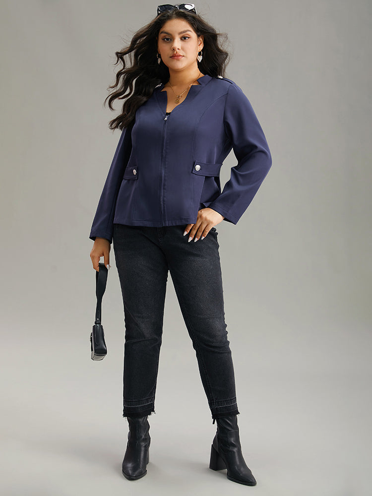 Plain Button Detail Notched Zipper Blazer