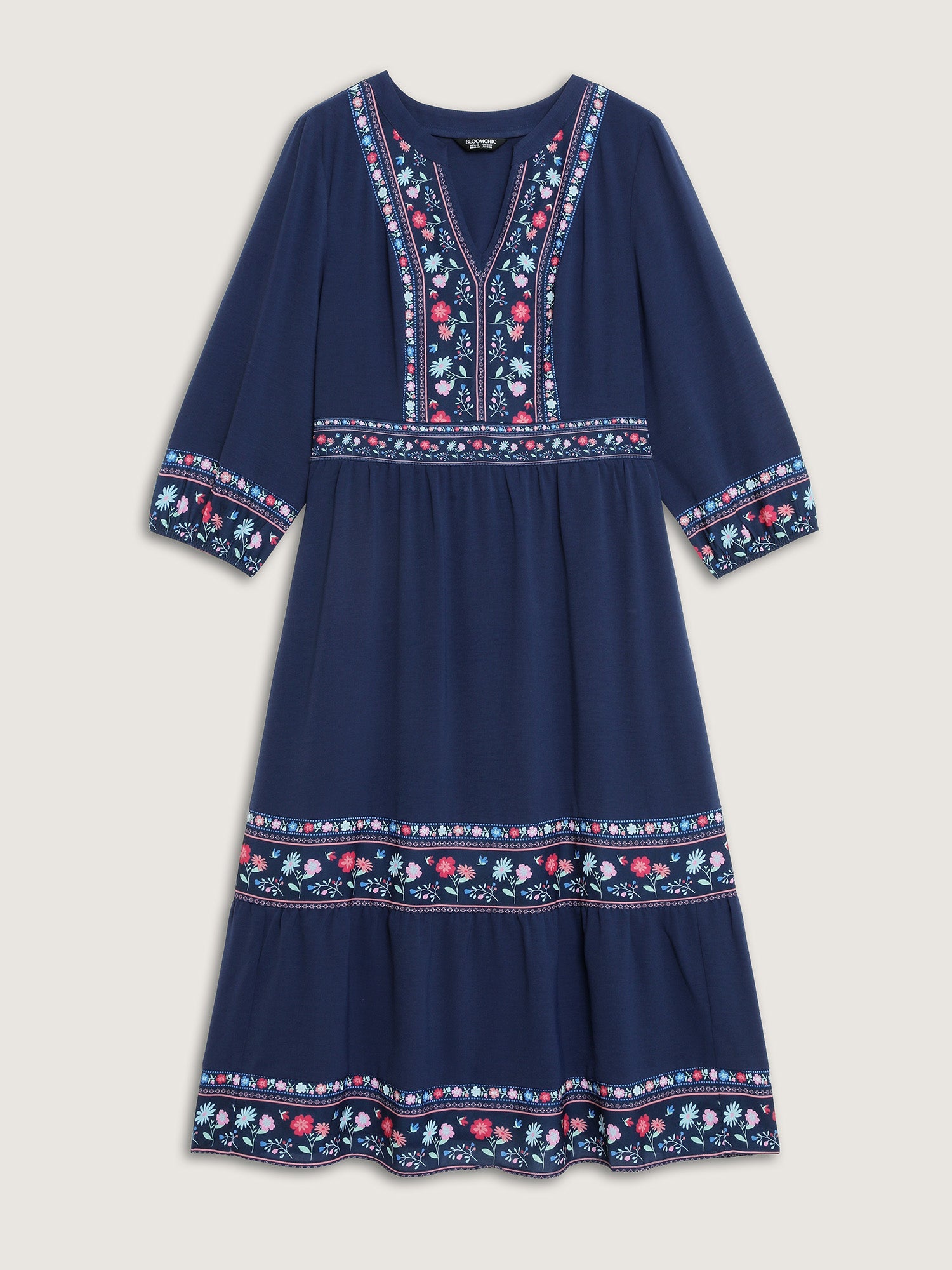 Floral Pattern Stretchy Waist Notched Maxi Dress