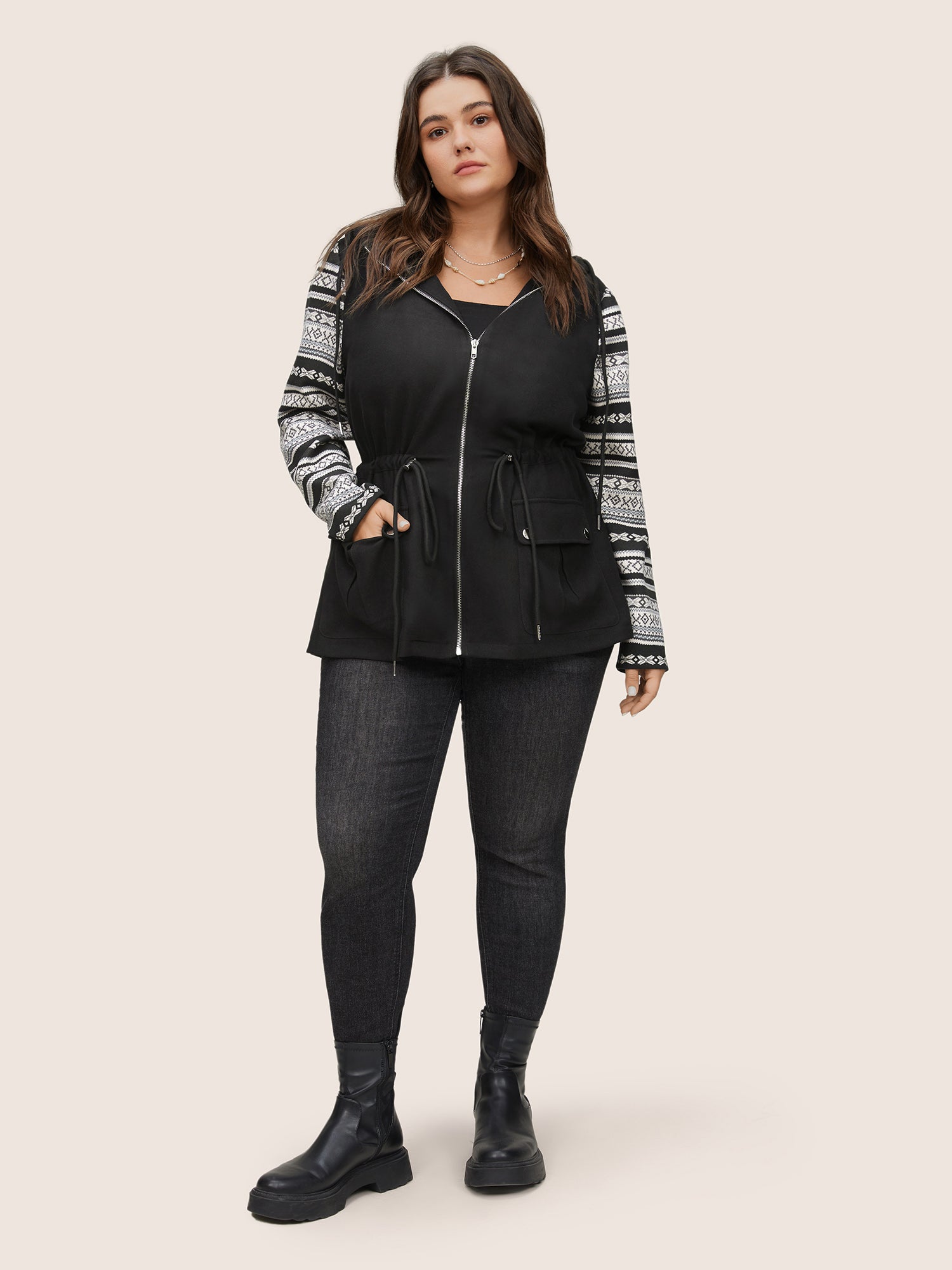 Geometric Drawstring Patchwork Hooded Jacket