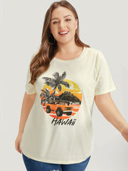 Coconut Tree & Car Print Crew Neck T-shirt