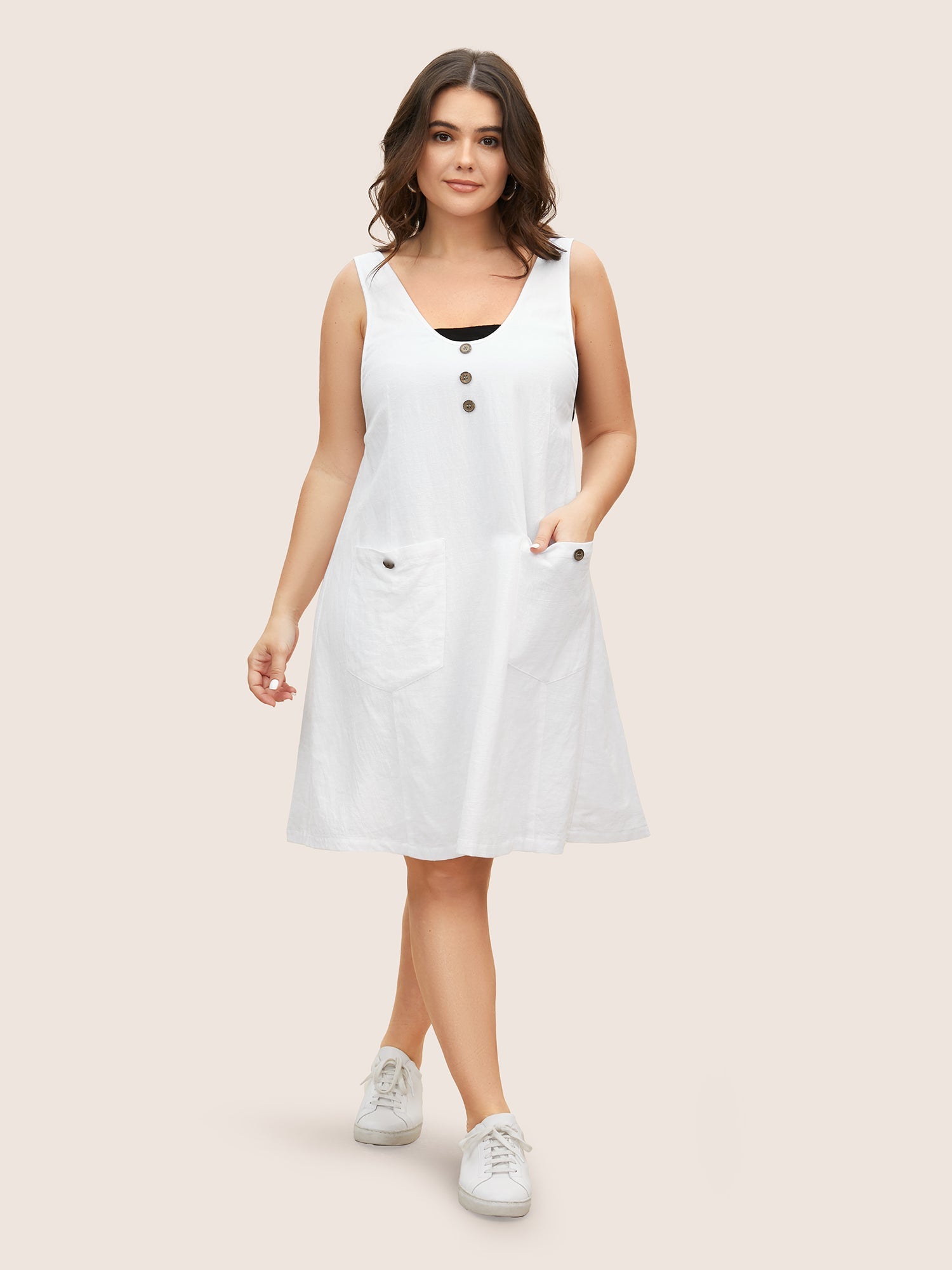 Solid Deep V Neck Patch Pocket Dress