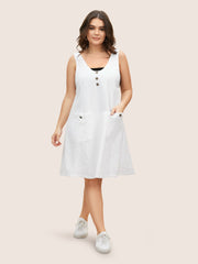 Solid Deep V Neck Patch Pocket Dress