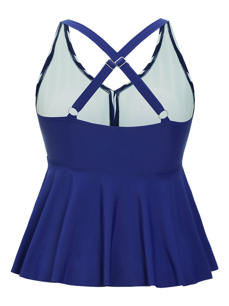 Striped Contrast Crossover Ruffle Hem Tankini Top