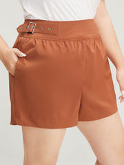 Solid Buckle Detail Zipper Back Shorts
